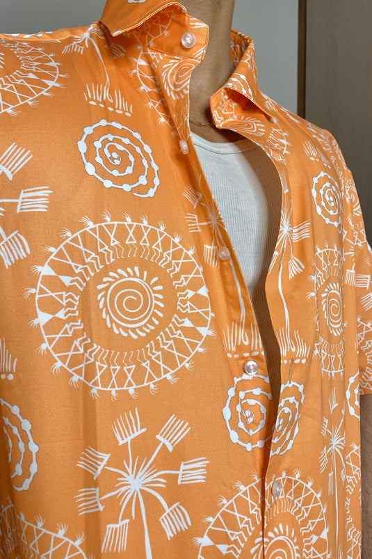 Warli Art Print (Orange) Oversized Men's Shirt