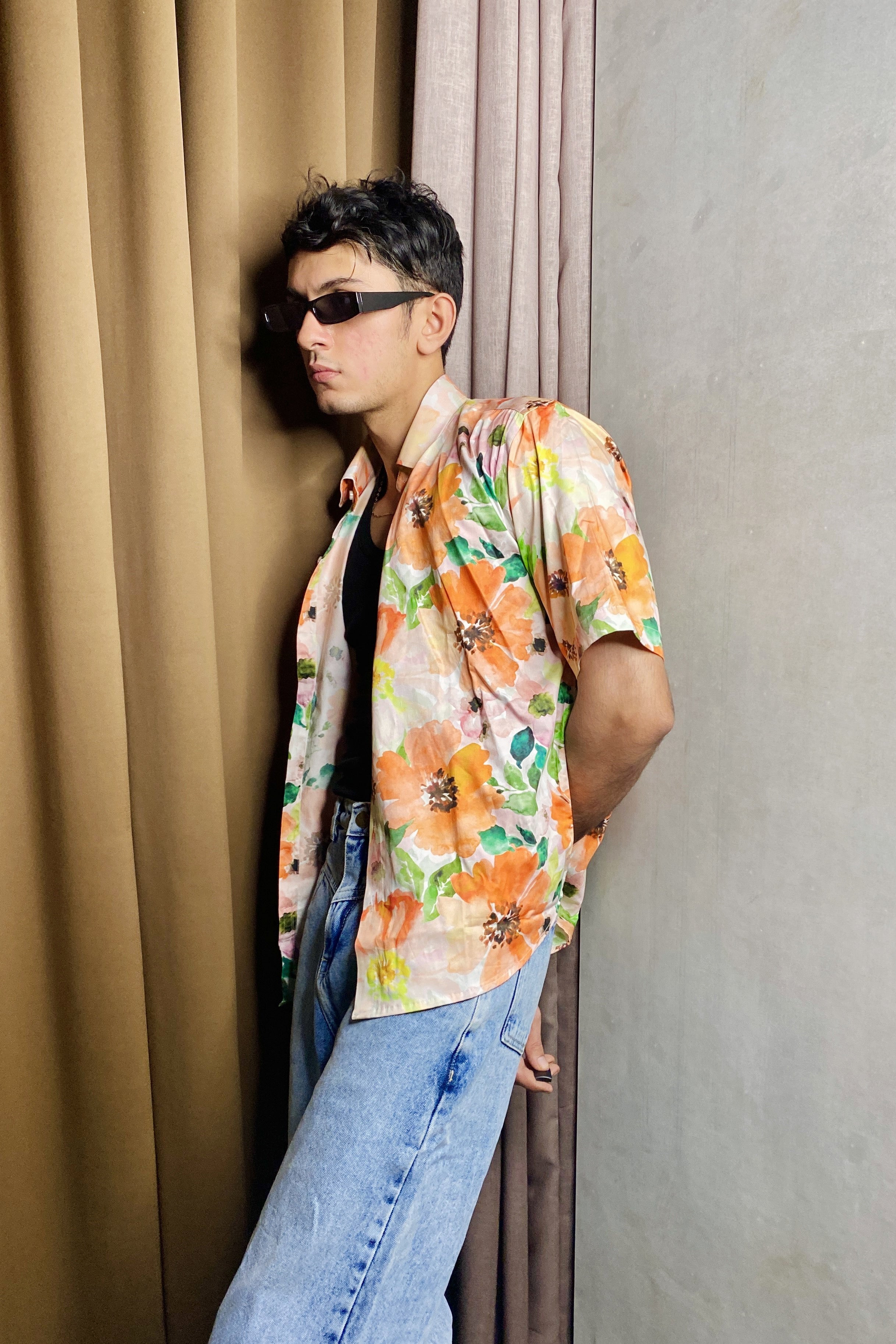 Watercolor Floral Print Oversized Men's Shirt